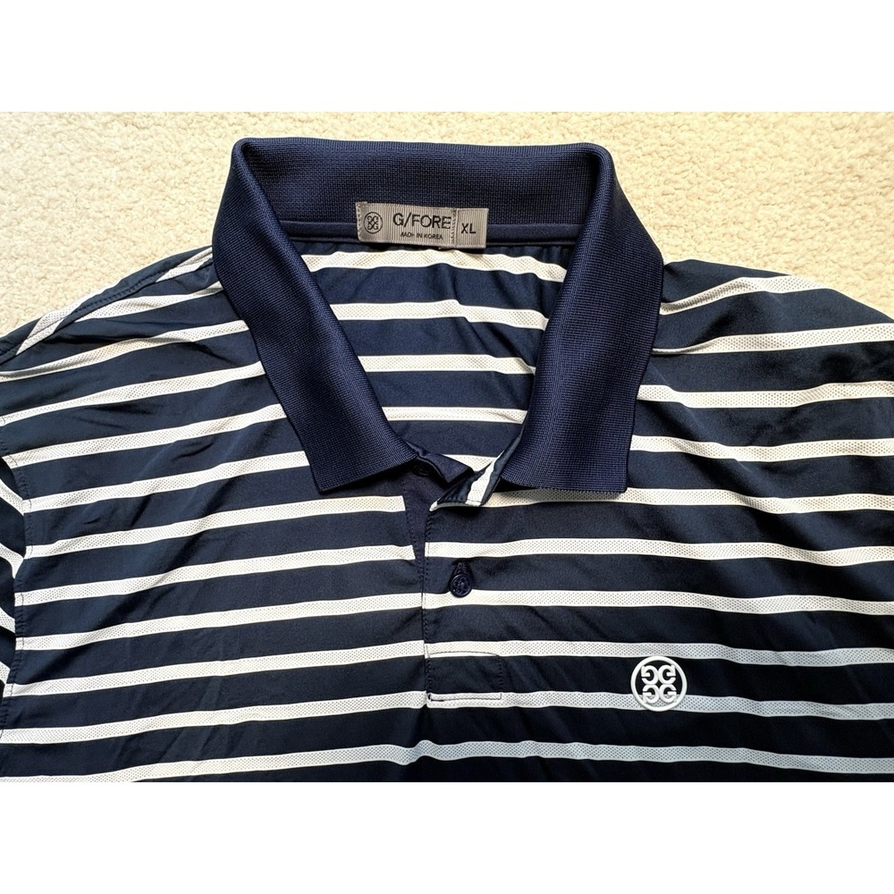 G/FORE Men's XL Striped Performance Golf Polo Navy White Golf Shirt - Picture 2 of 5